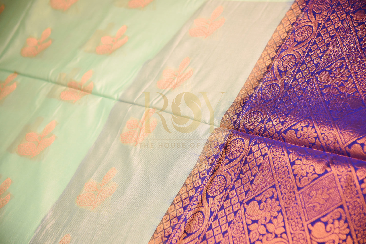 Soft silk saree Fancy branched leaf copper jari mint blue