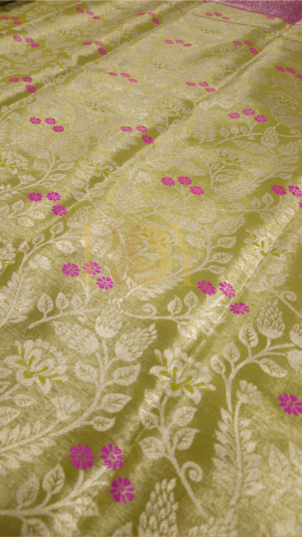 Lime green silver jari tissue jacquard