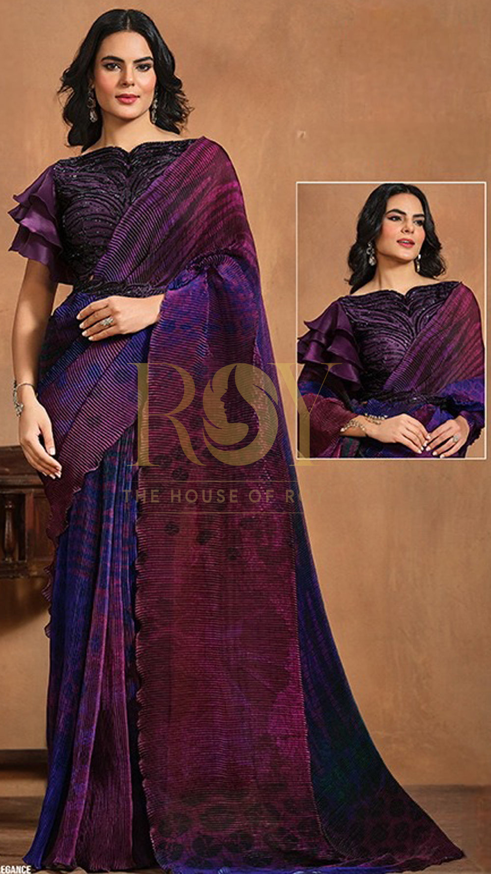 Hues of purple pre-draped designer saree