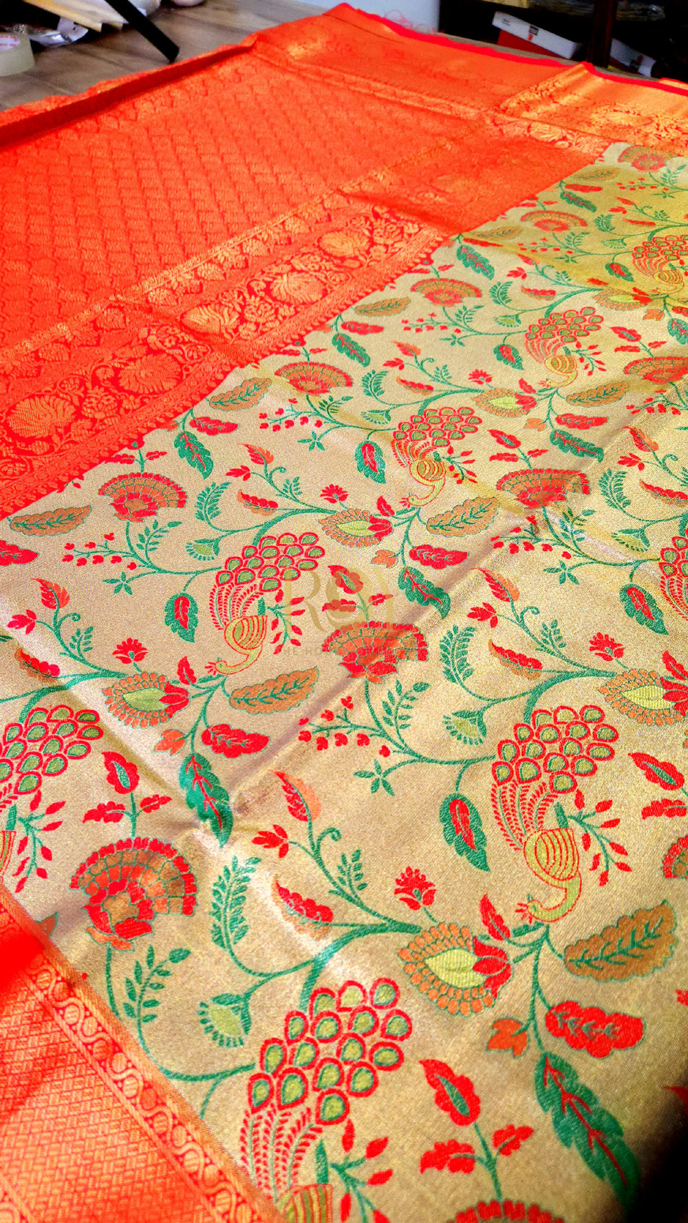 Peacock Jaal Silk Vermilon red