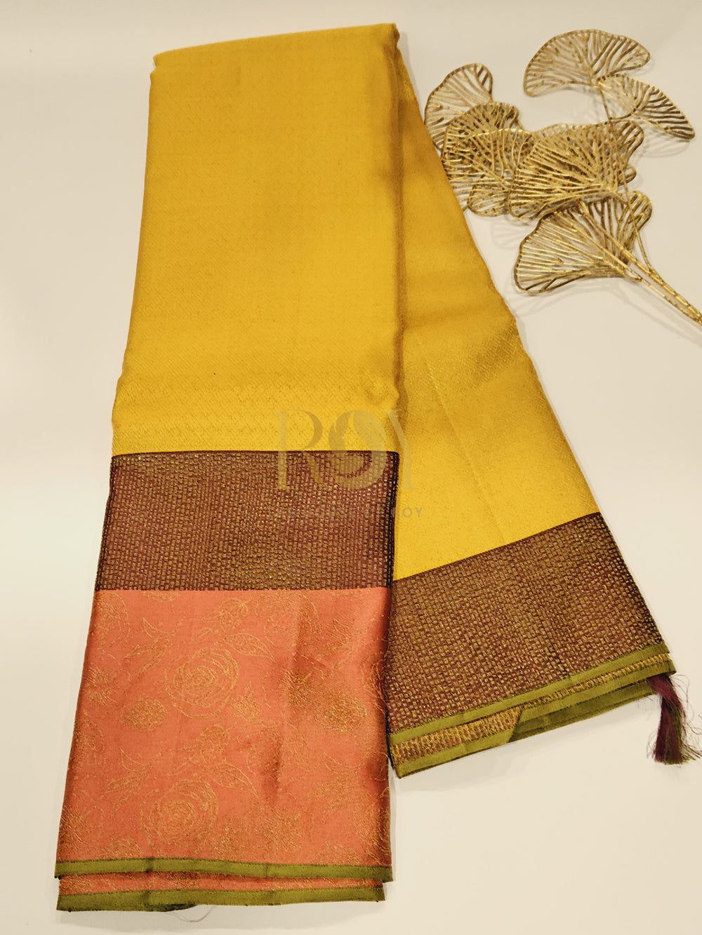 Pure Kanchipuram Silk Saree with Gold Zari & Rosette Work