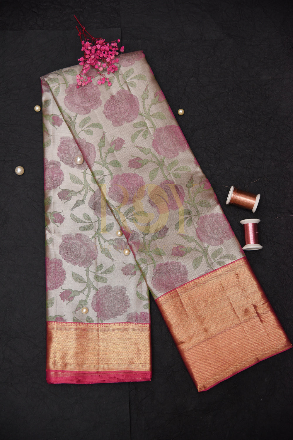 Kancheepuram Pure grey with pink silk saree