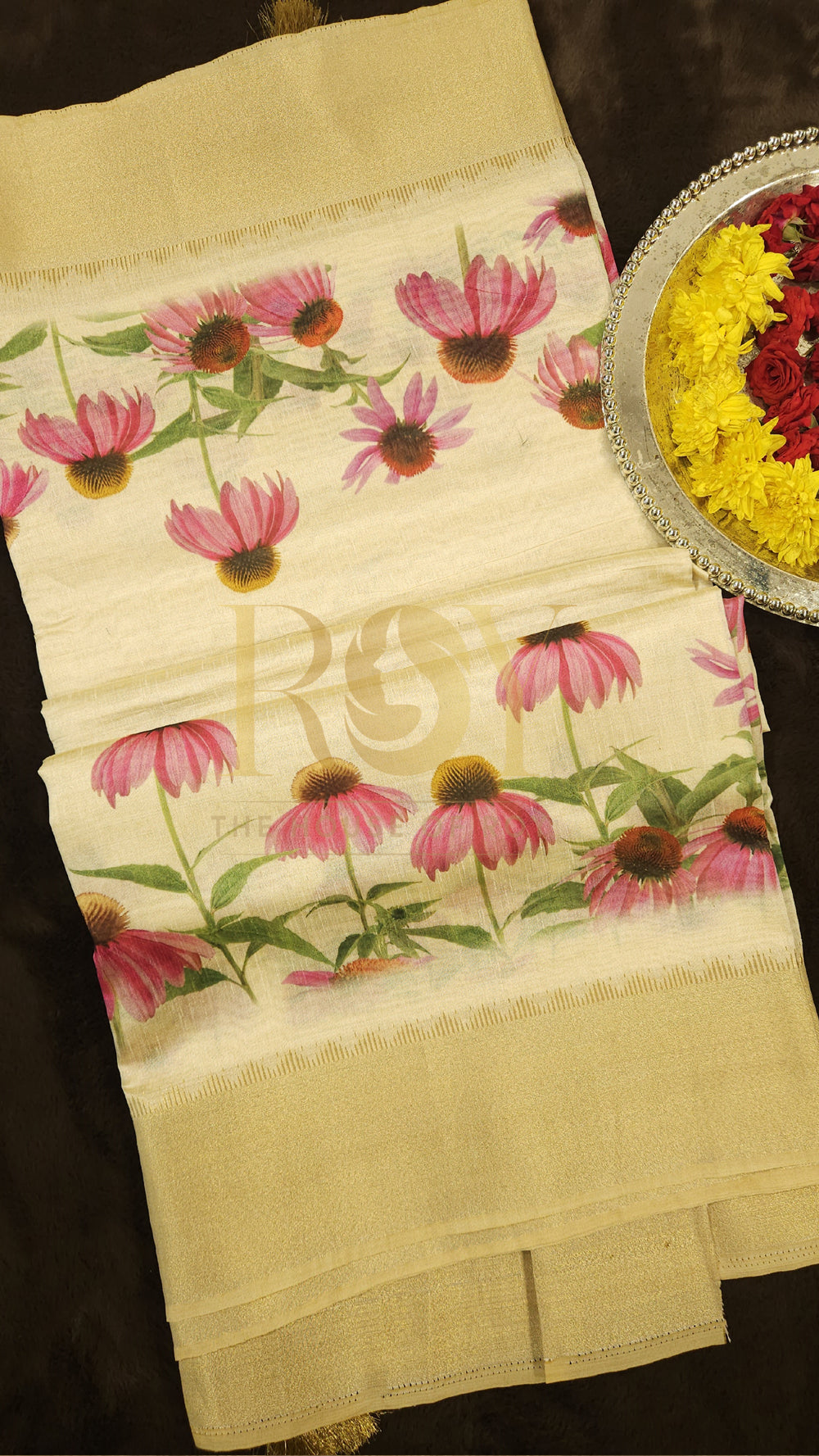 Raw silk pink floral kasavu saree