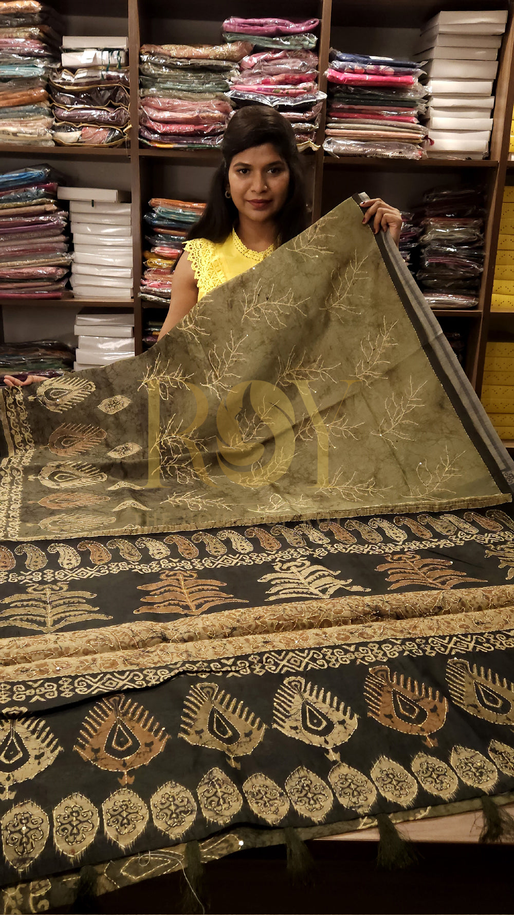 Katha dusty green Embroidery saree
