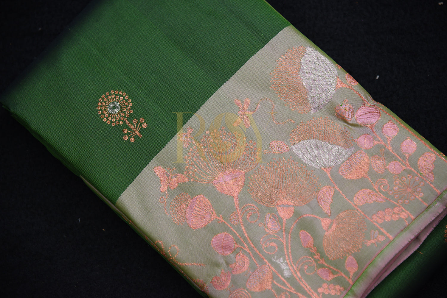 Leaf Green pure silk saree with copper jari butta