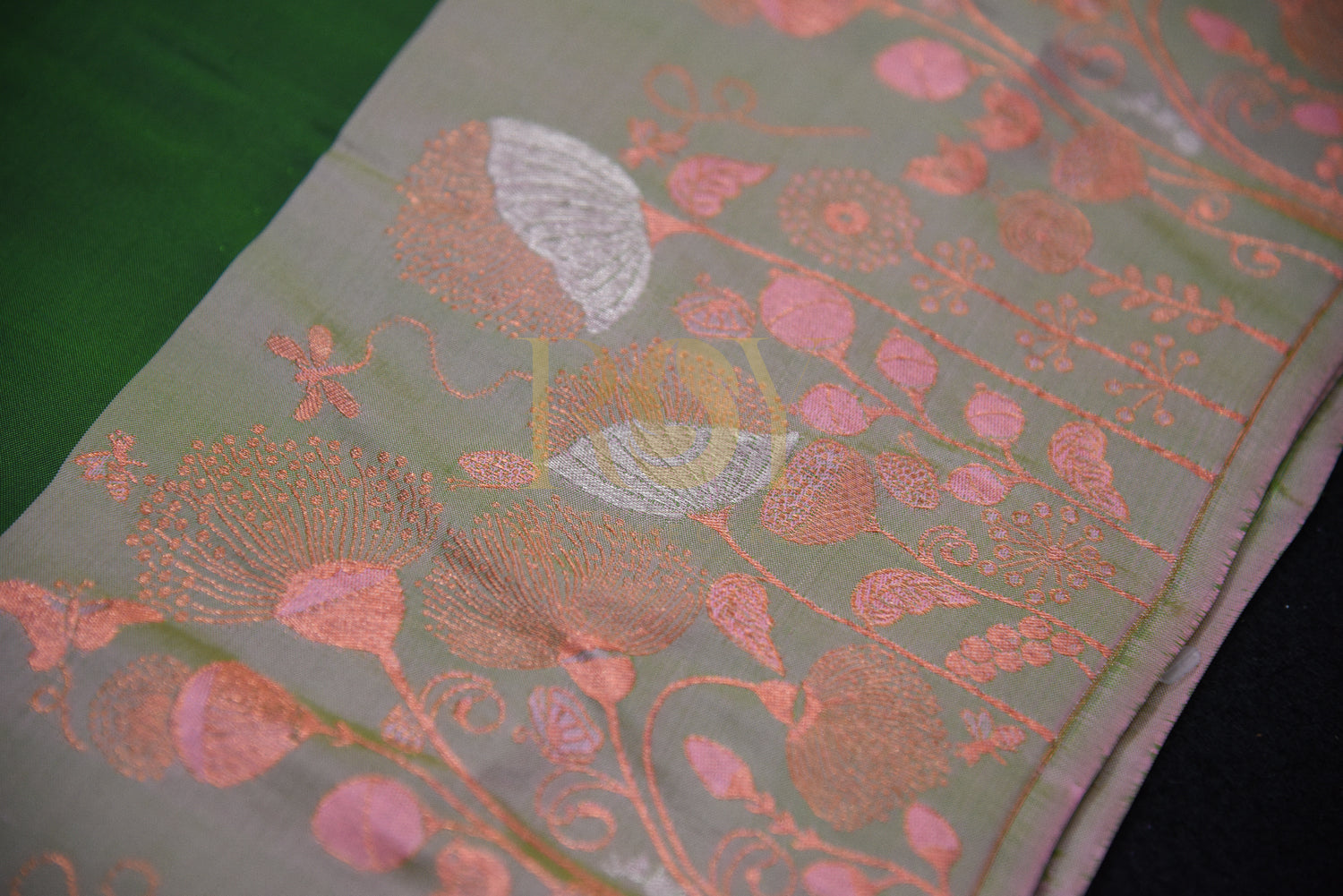 Leaf Green pure silk saree with copper jari butta