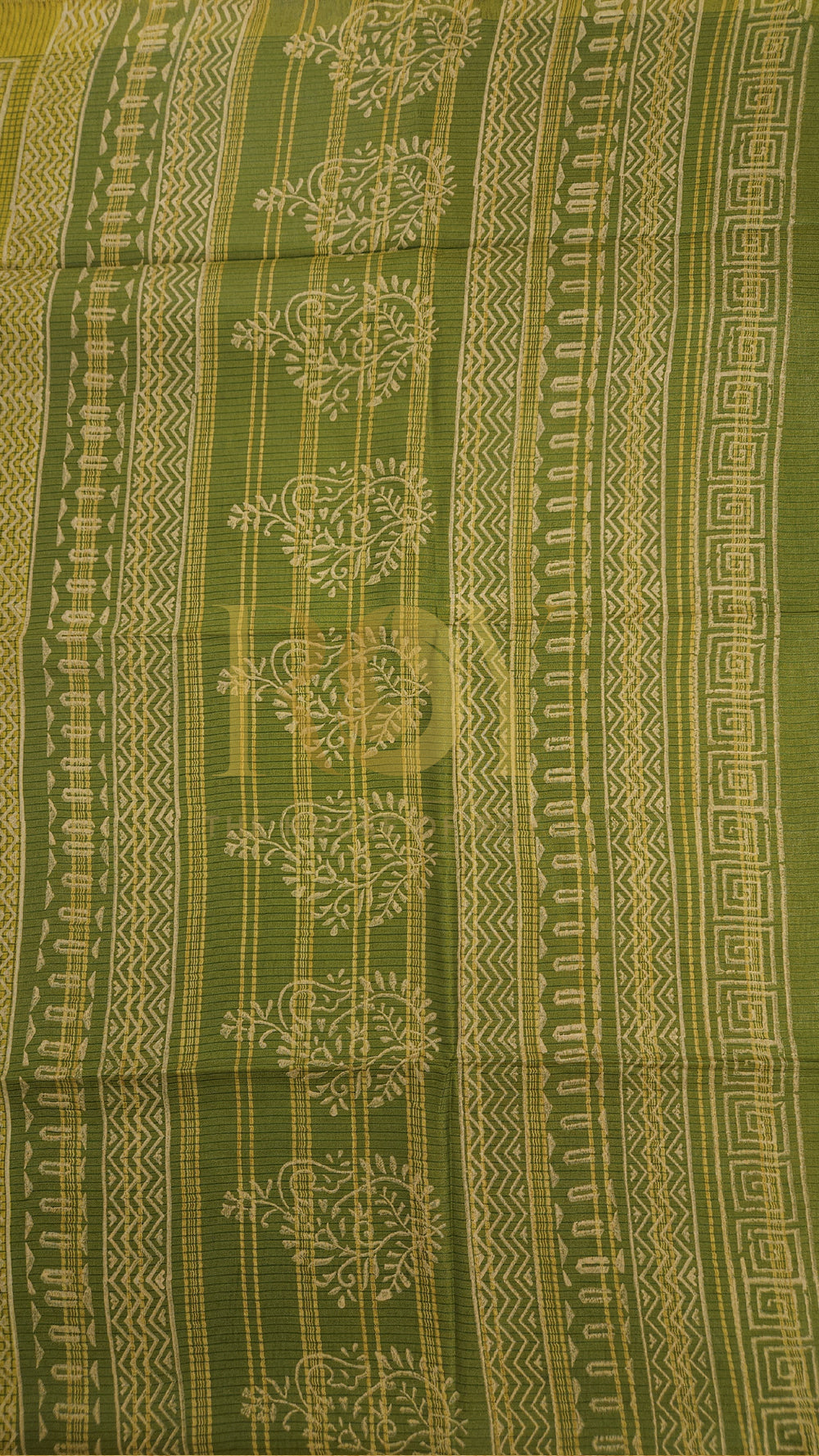 Lemon yellow liva block printed mix tussar saree