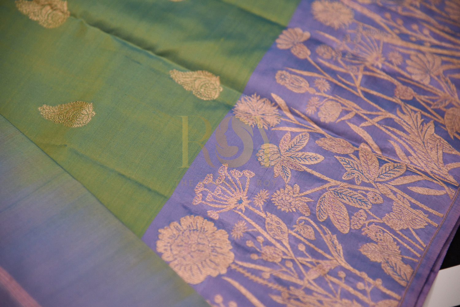 Light green pure silk saree with copper jari butta