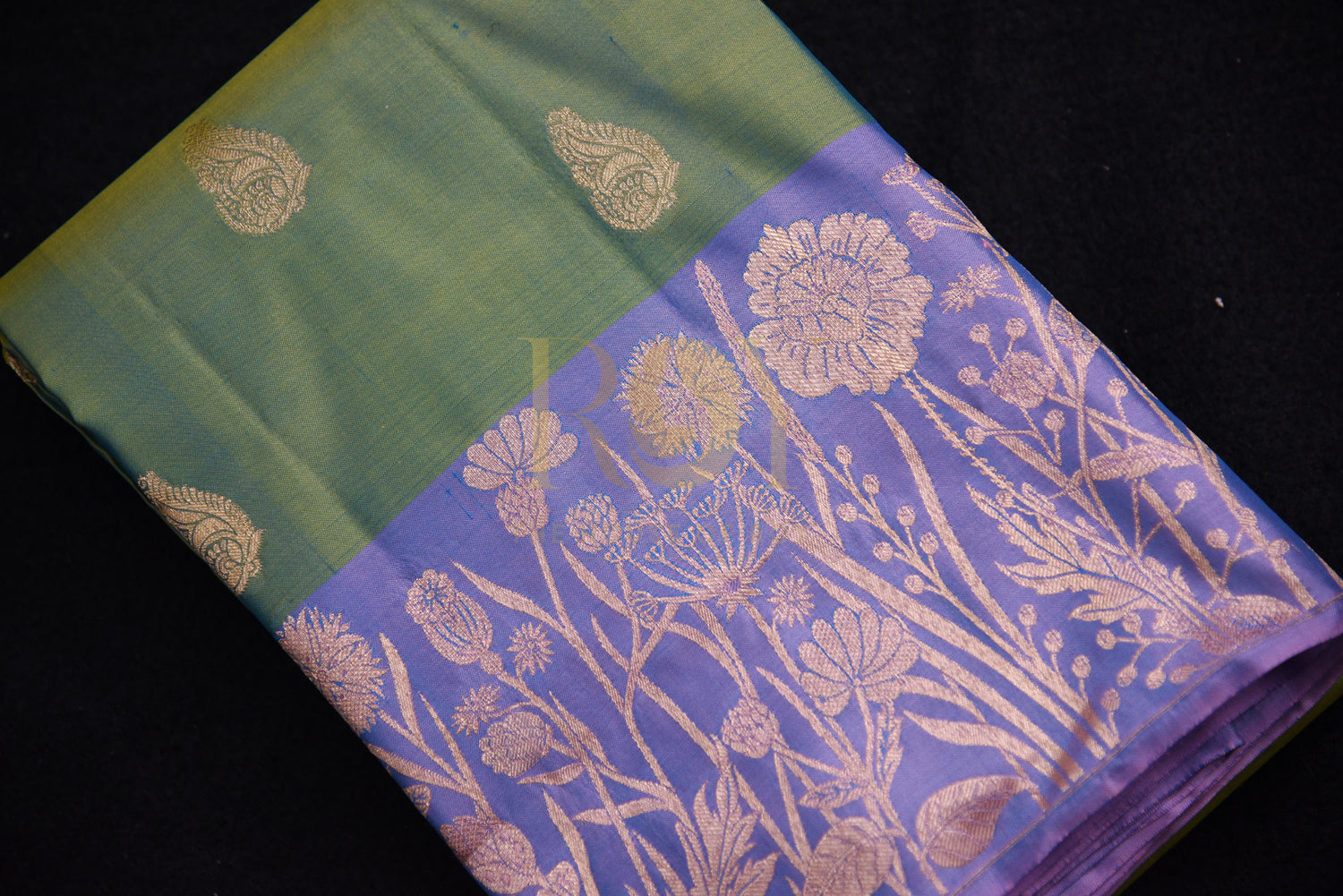 Light green pure silk saree with copper jari butta