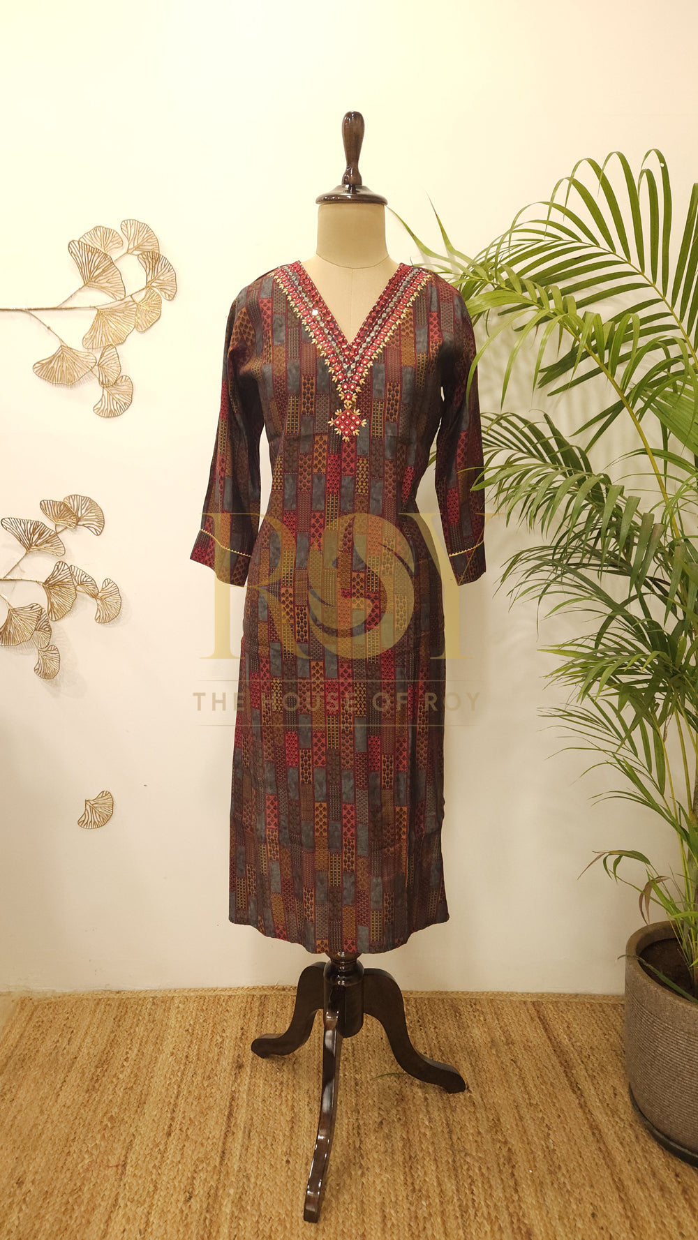 Embroidered maroon v- neck kurti