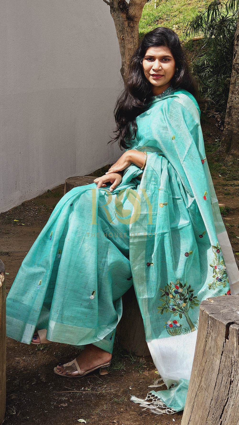 Embroidery saree bright green