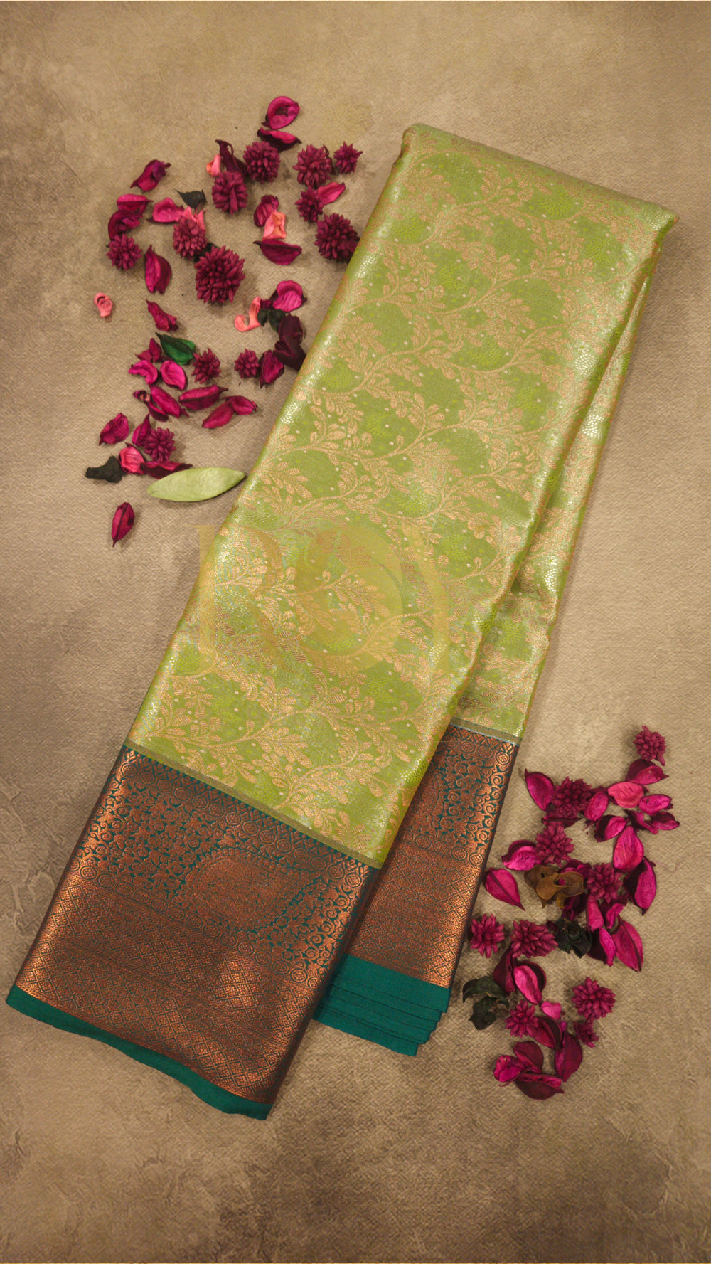 Parrot green copper jari kodi jacquard tissue silk