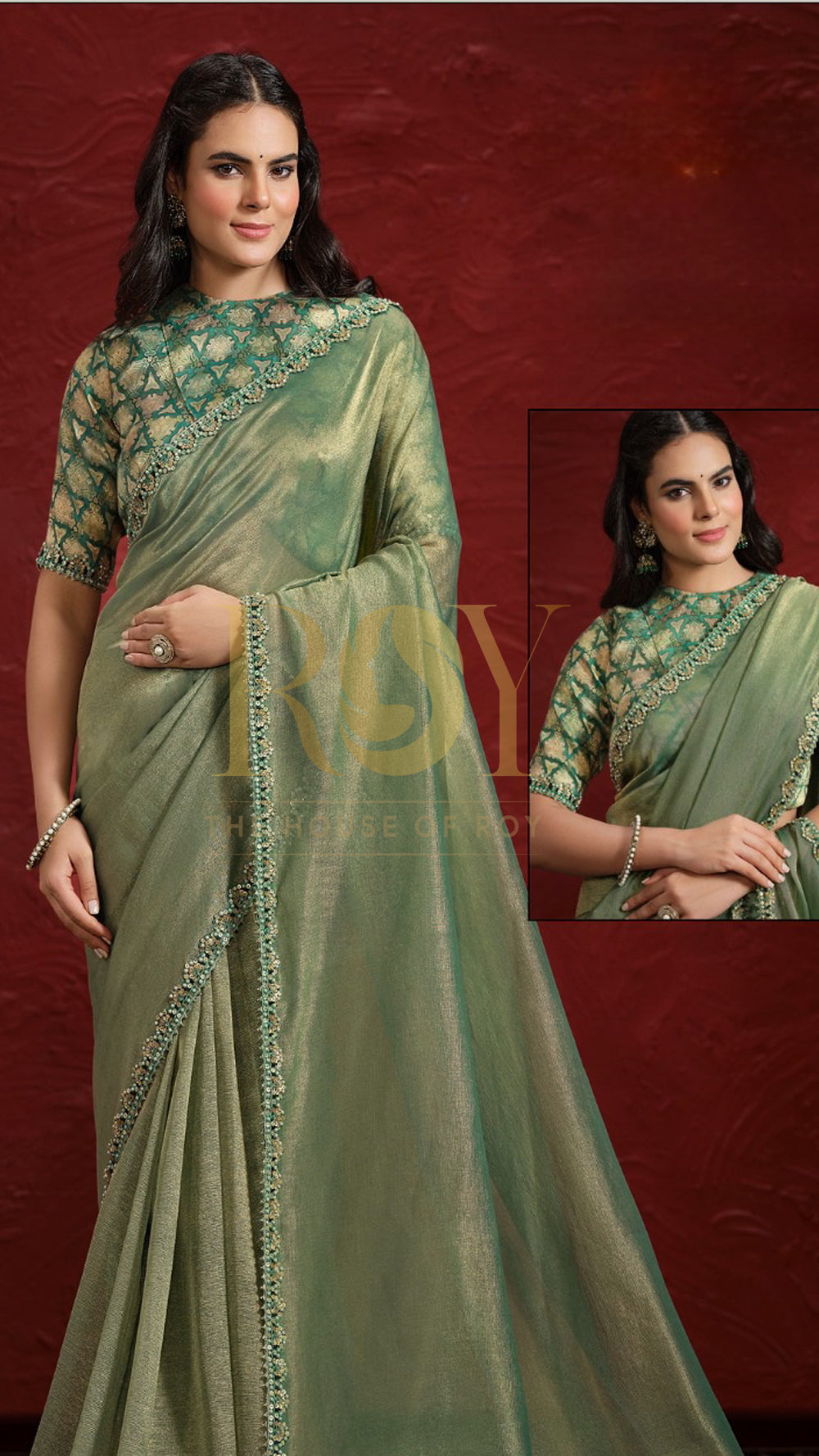 Pista green shimmer designer saree