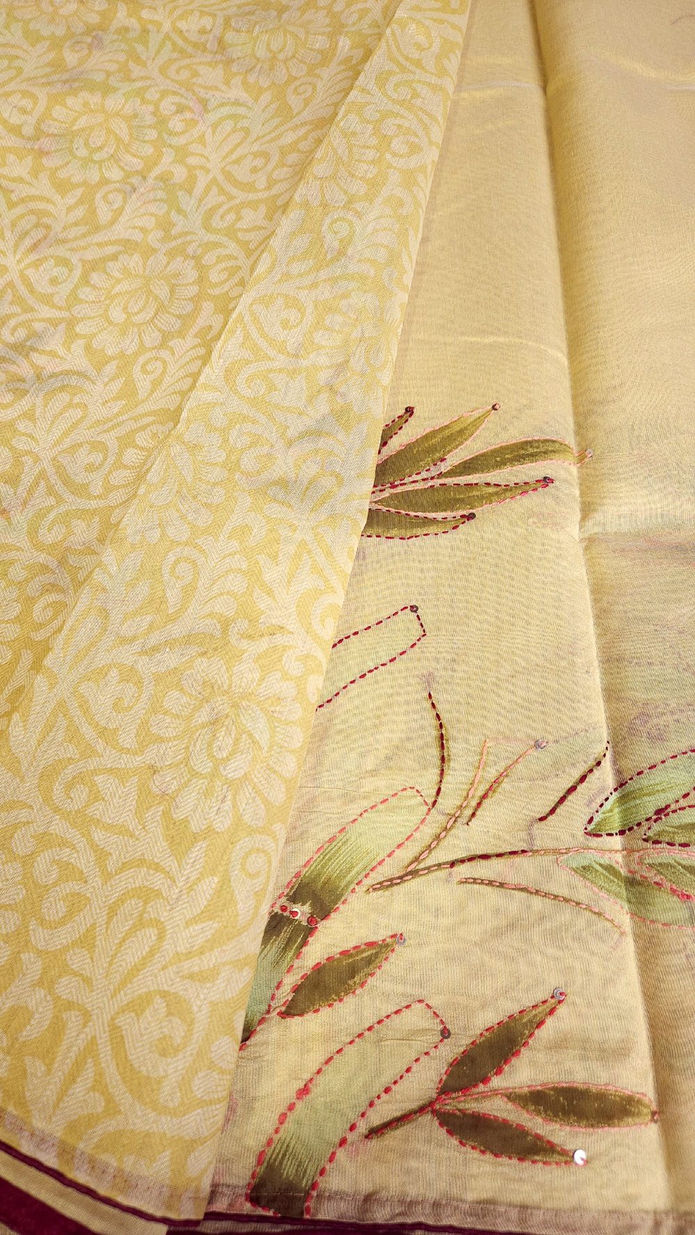 Unique Hand Embroidered Chandheri Silk Cotton Saree Pastel Green