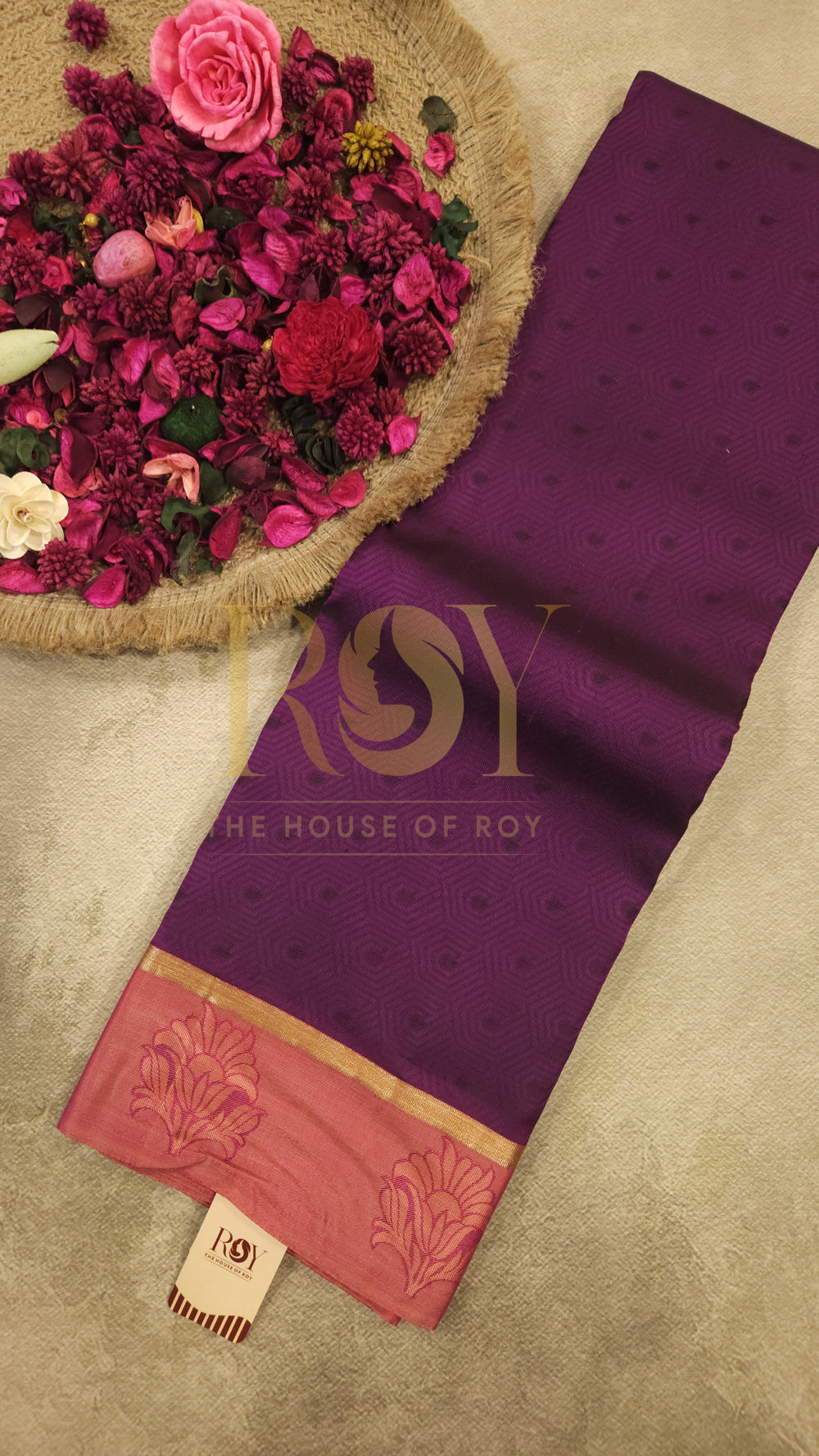 Pure  purple with peachish pink border silk saree