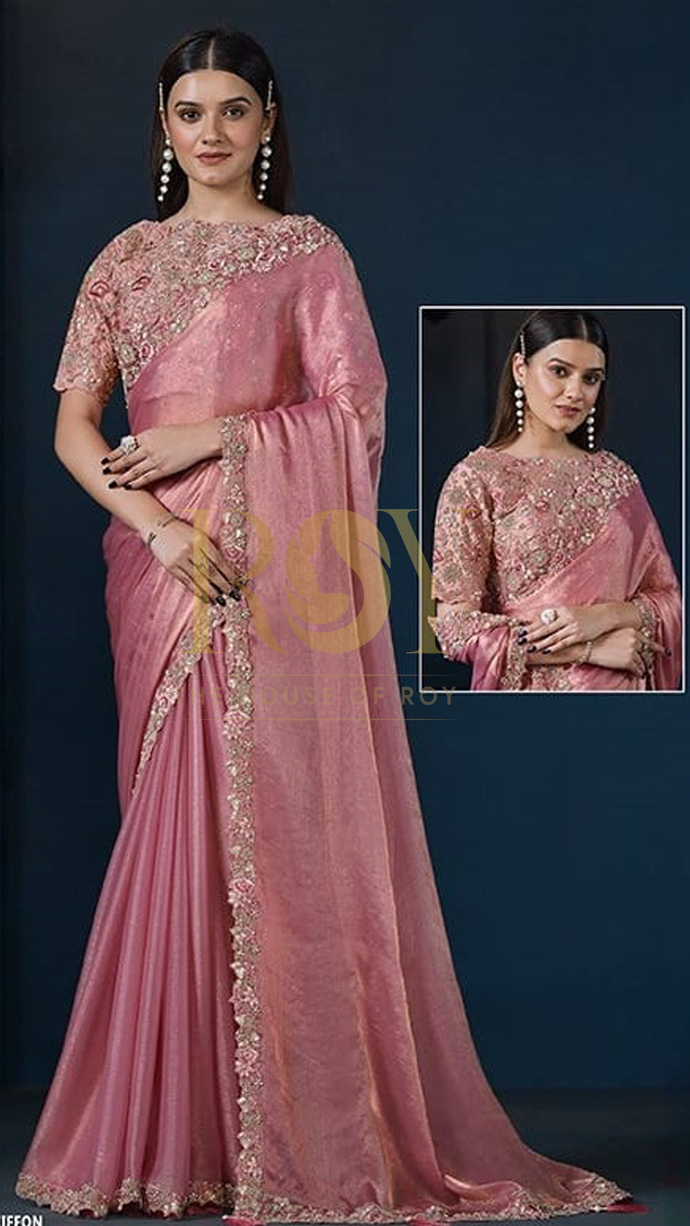 Peachish pink shimmer designer saree