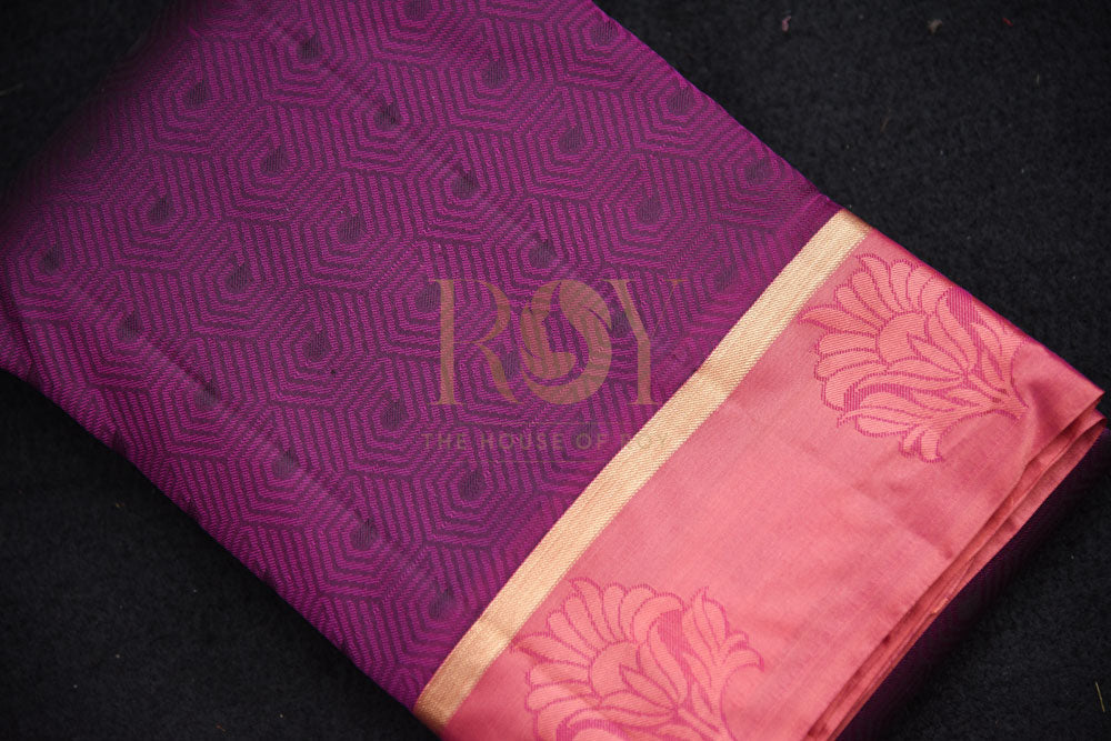 Pure  purple with peachish pink border silk saree