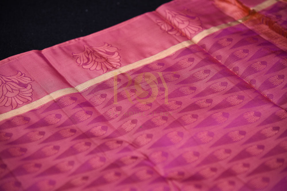 Pure  purple with peachish pink border silk saree