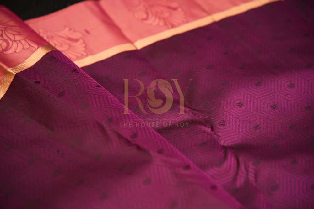 Pure  purple with peachish pink border silk saree