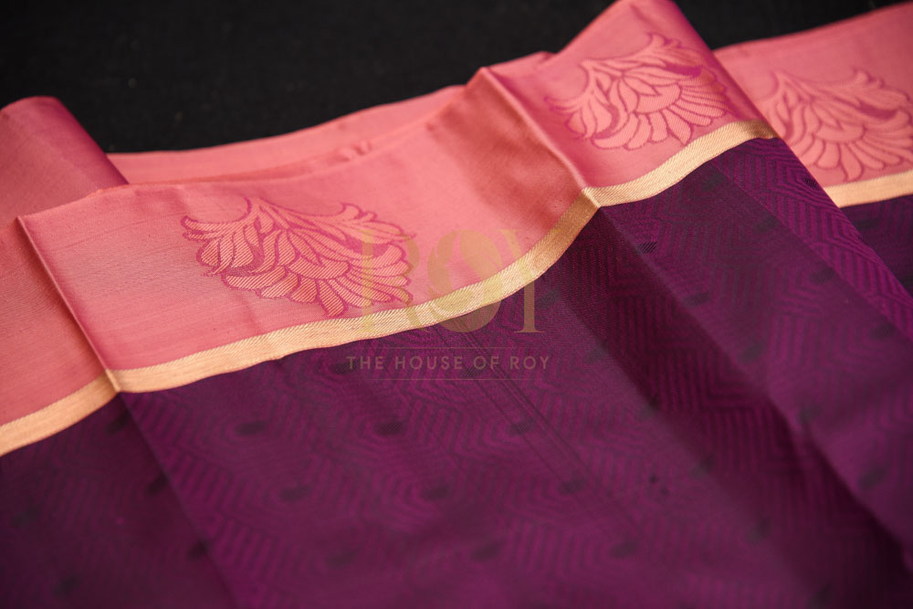 Pure  purple with peachish pink border silk saree