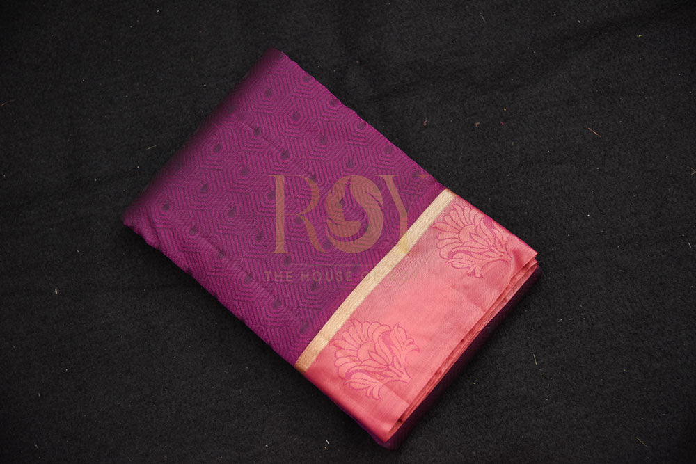 Pure  purple with peachish pink border silk saree