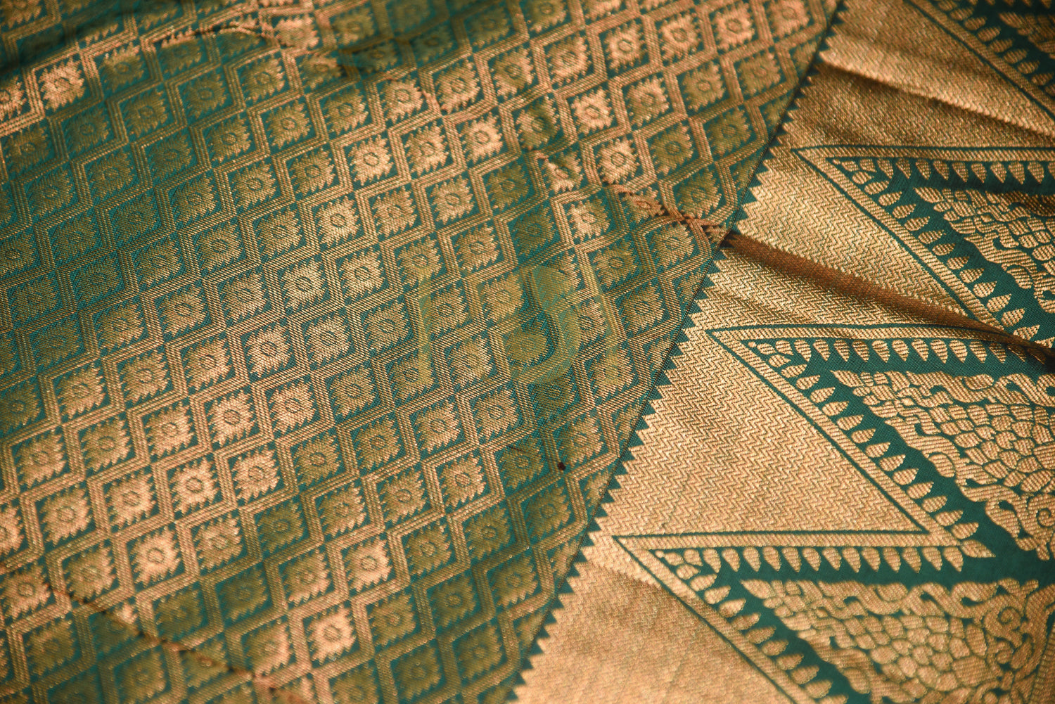 Self design pure silk saree olive green with teal blue