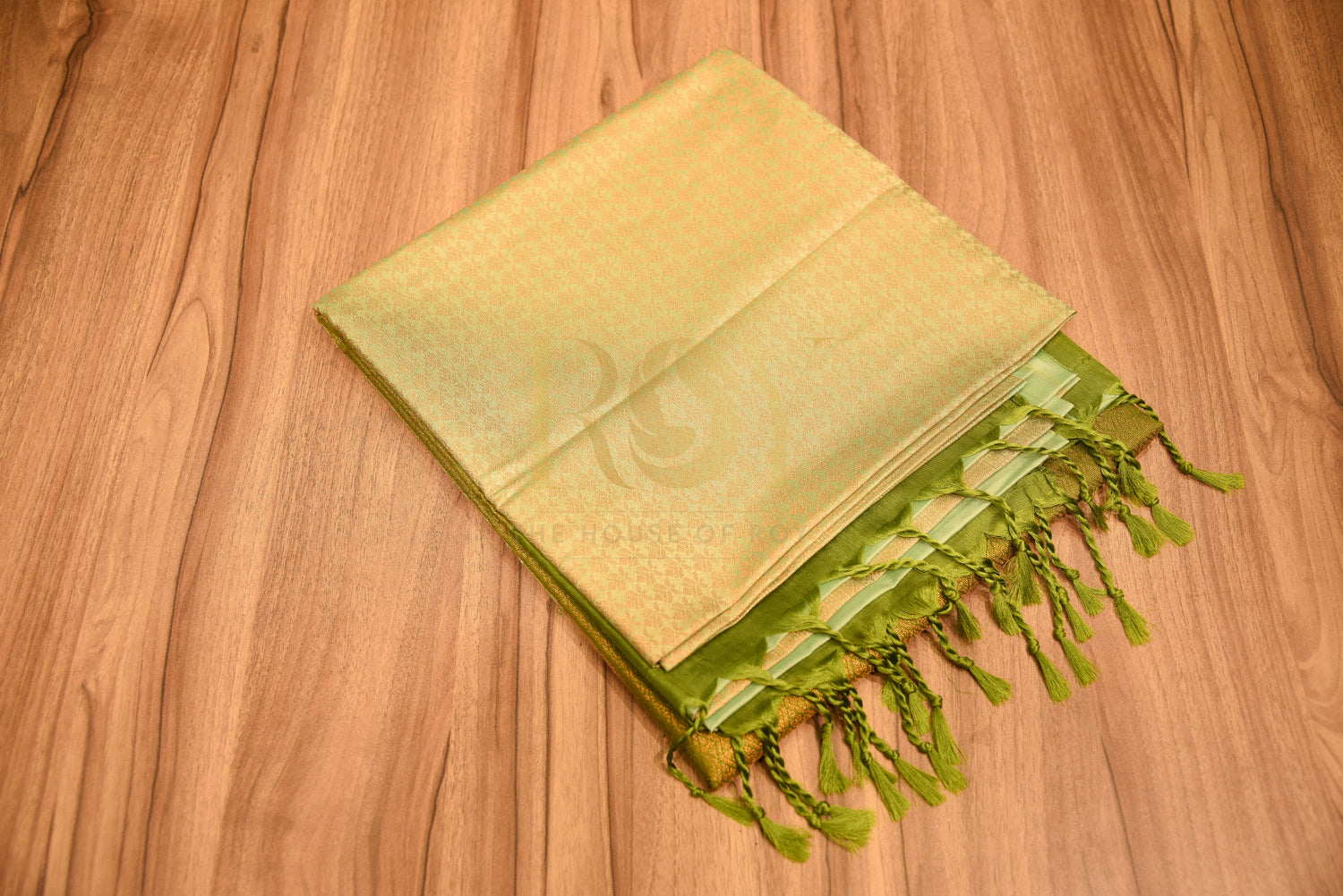 Soft silk saree with complete antique copper jari pista green