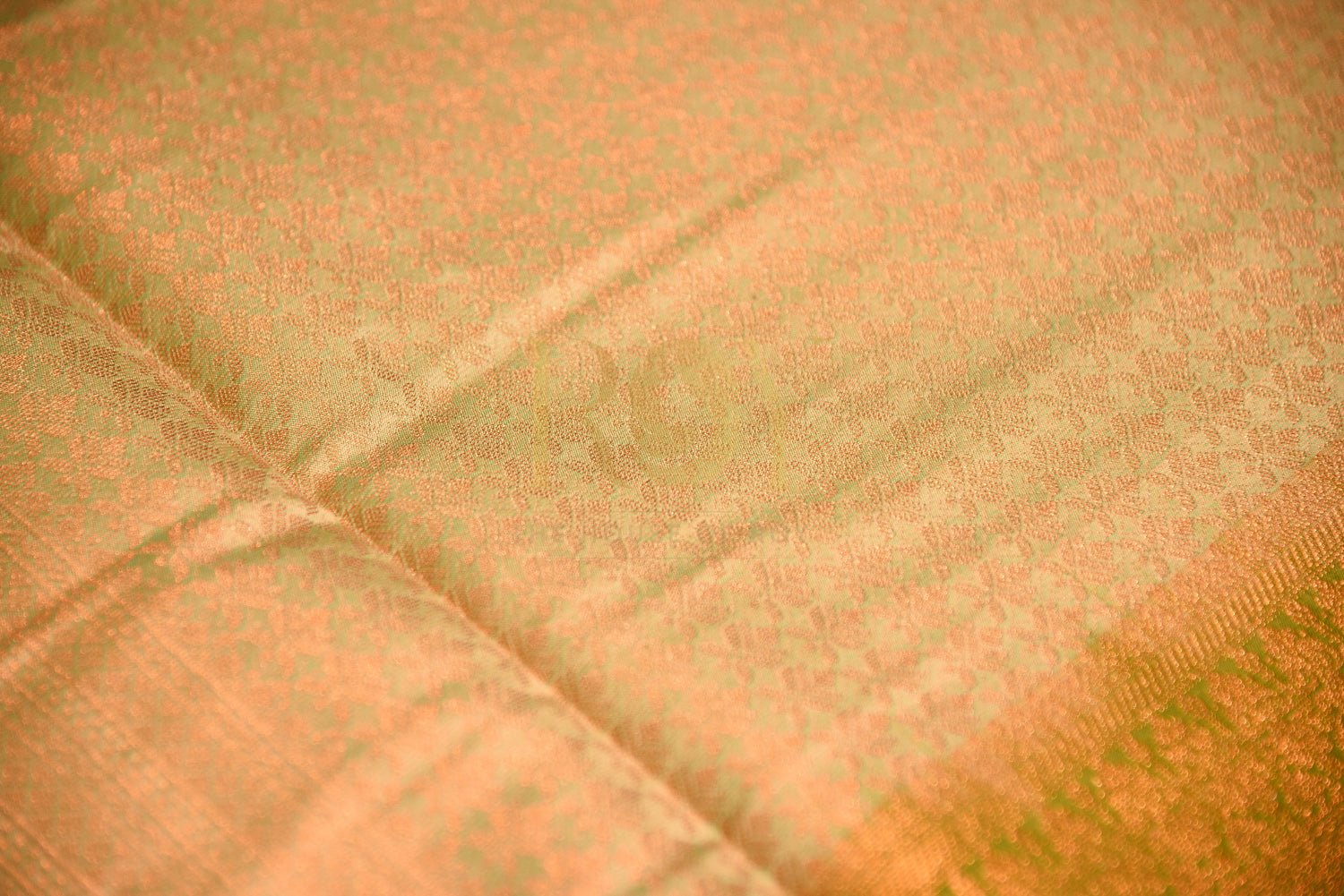 Soft silk saree with complete antique copper jari pista green