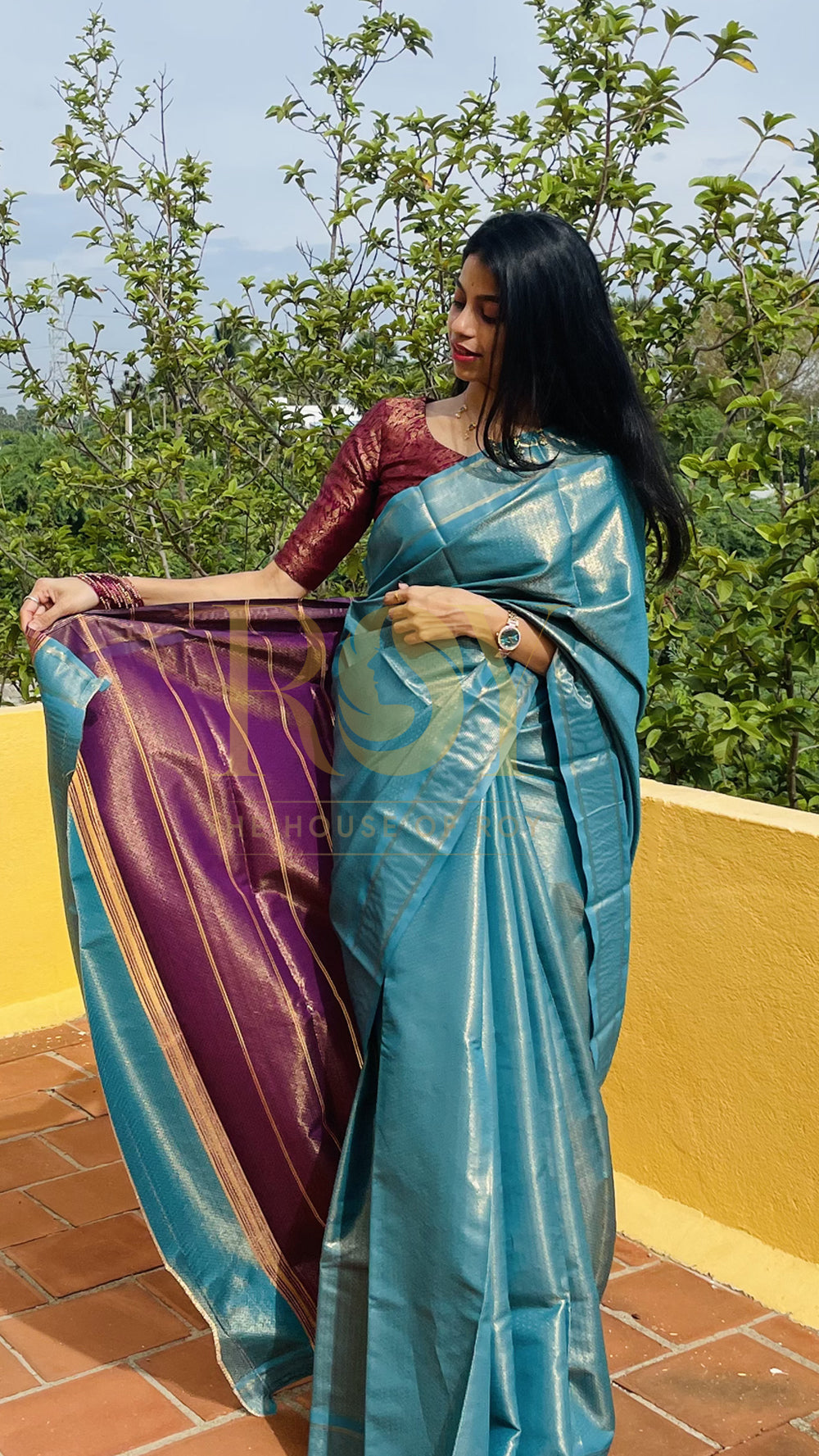 Tissue kanchi Silk Saree Peacock blue