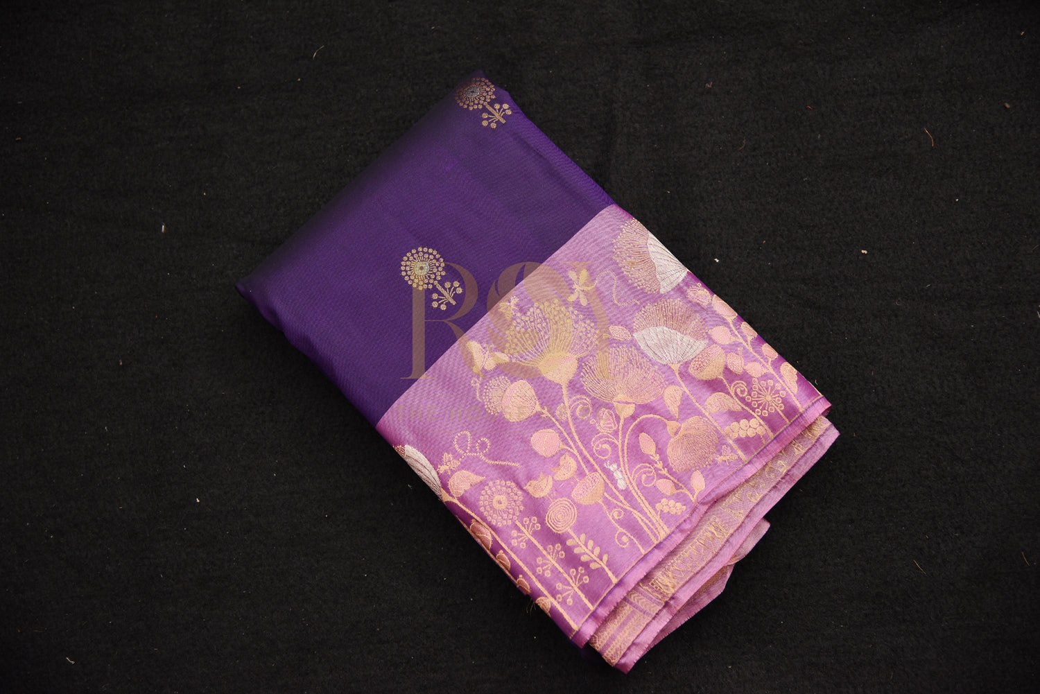 Violet pure silk saree with copper jari butta