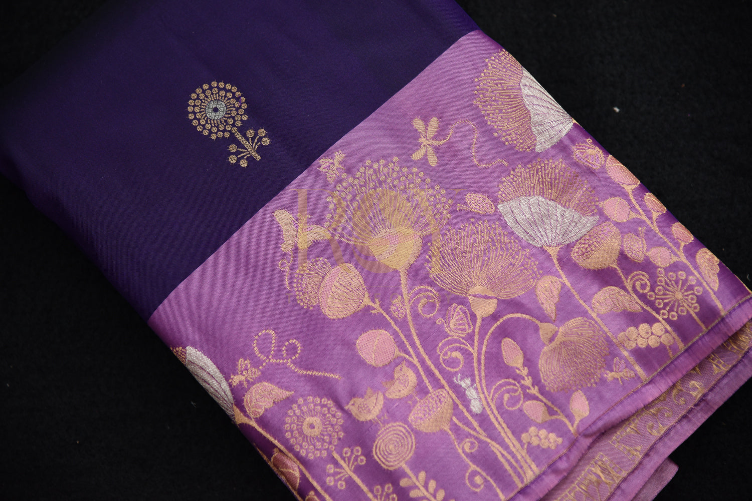 Violet pure silk saree with copper jari butta