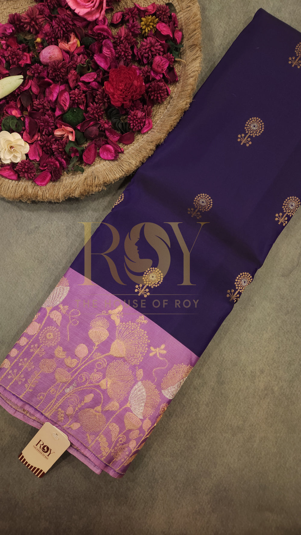 Violet pure silk saree with copper jari butta