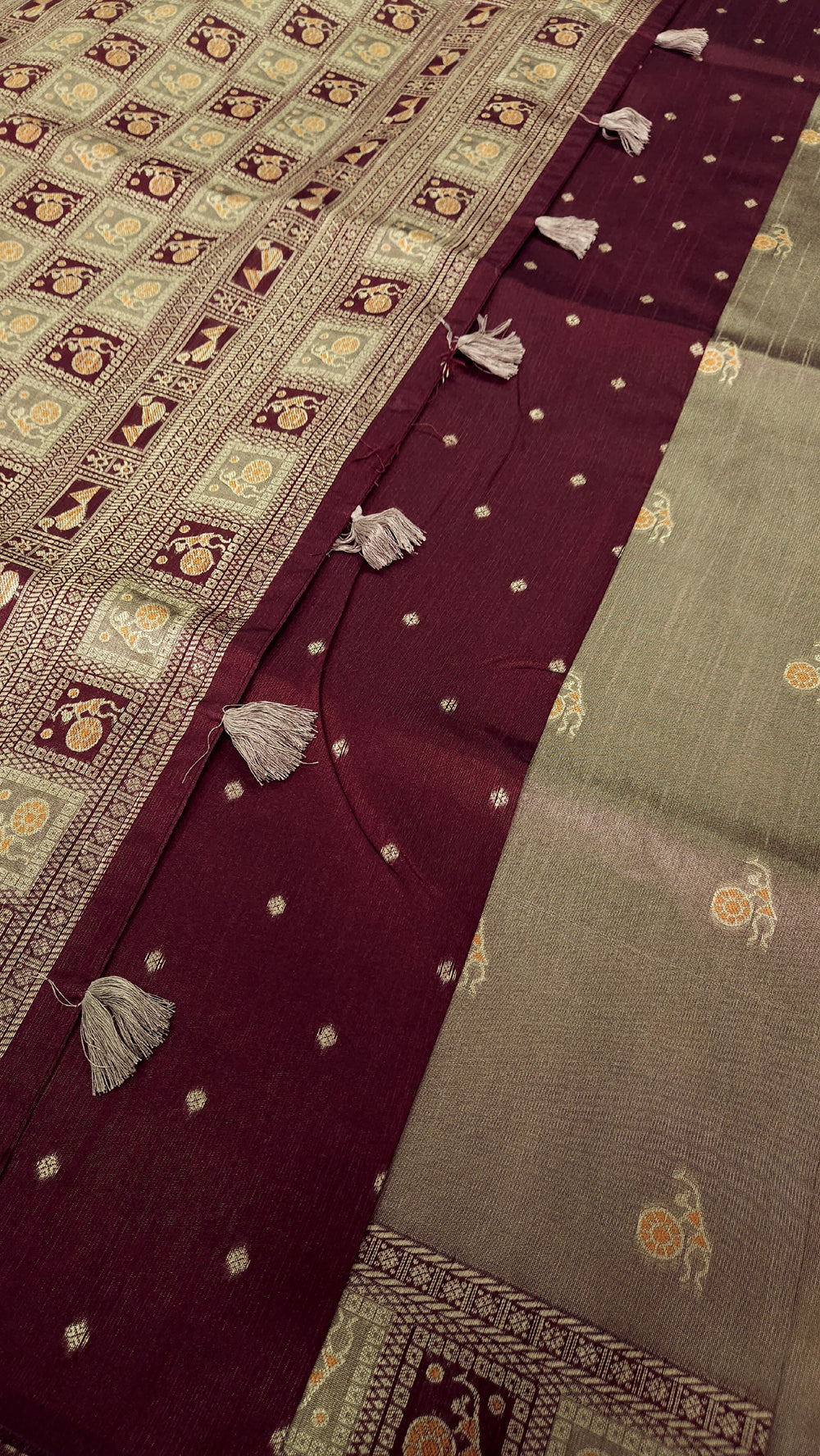 Warli Art Inspired Mix ivory with maroon Cotton Saree With Exquisite Handwoven Design