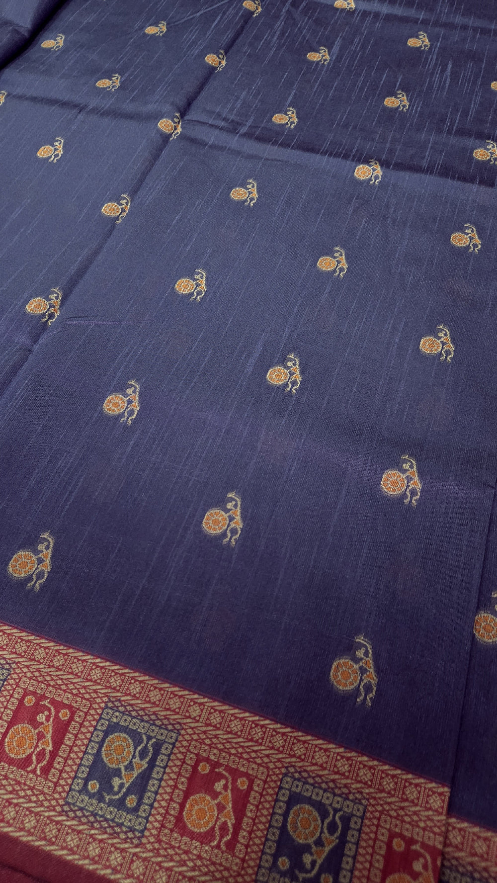 Warli Art Inspired Mix Navy blue with red Cotton Saree With Exquisite Handwoven Design