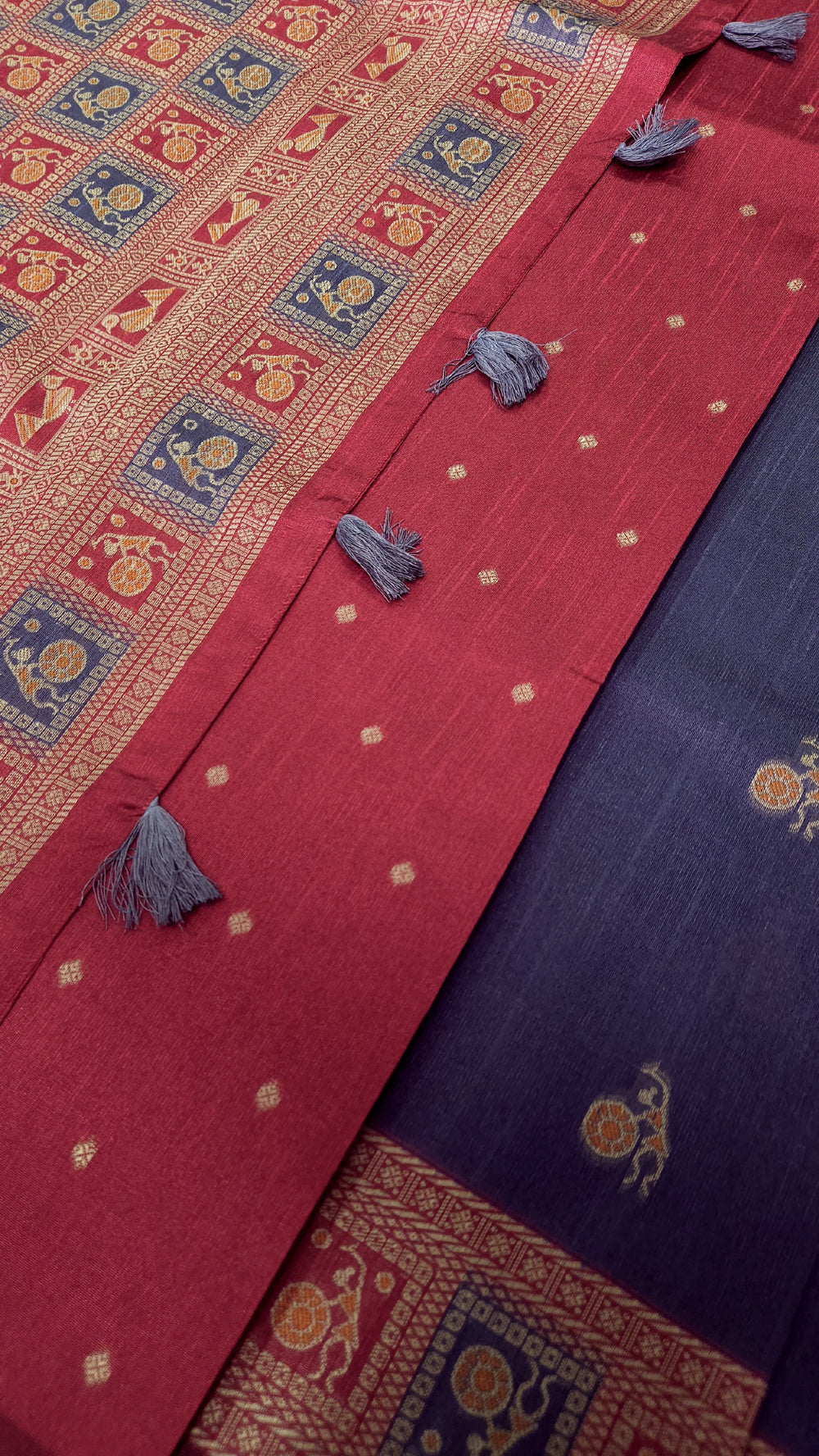 Warli Art Inspired Mix Navy blue with red Cotton Saree With Exquisite Handwoven Design