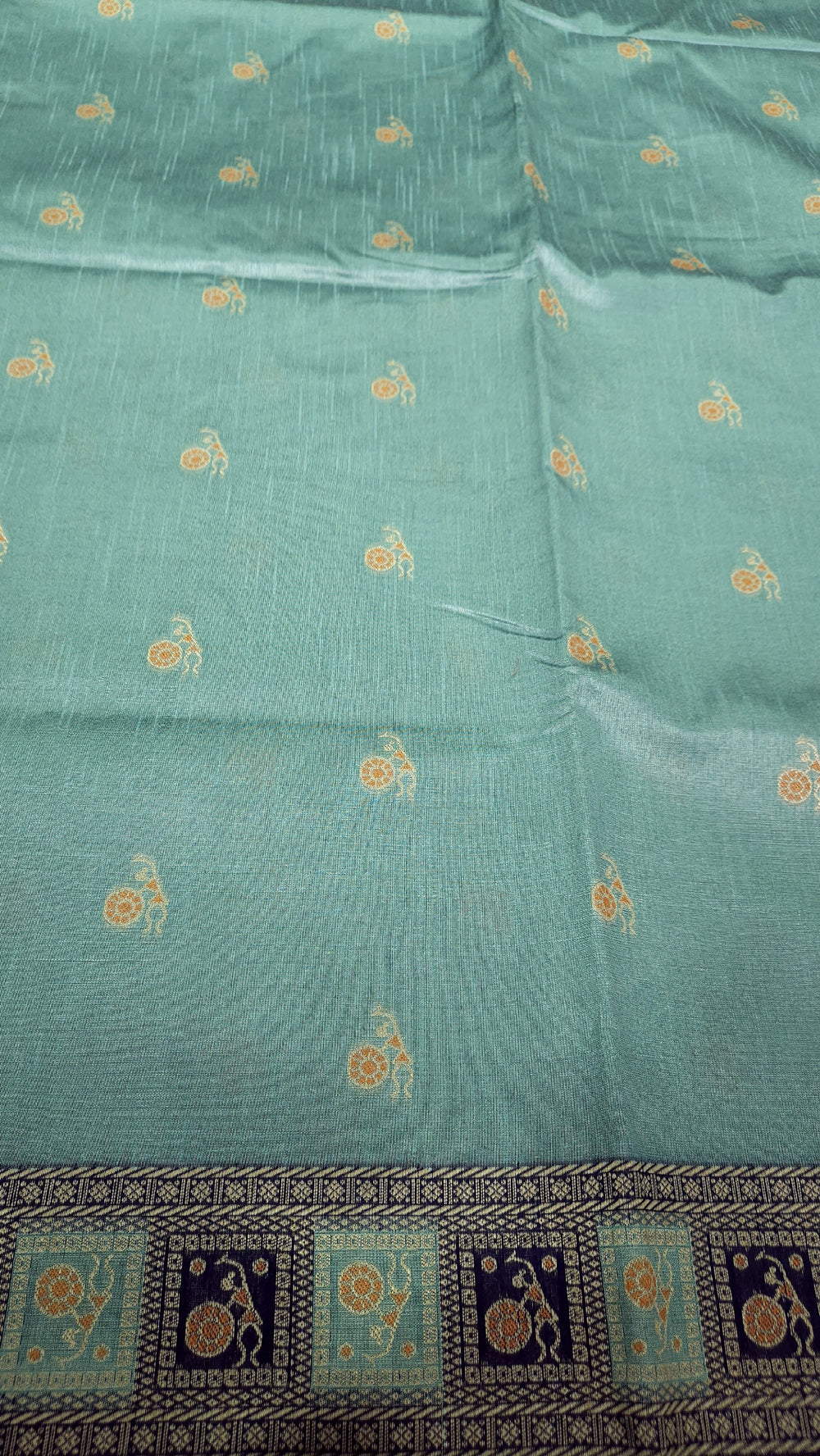 Warli Art Inspired turquoise with navy blue Cotton Saree With Exquisite Handwoven Design