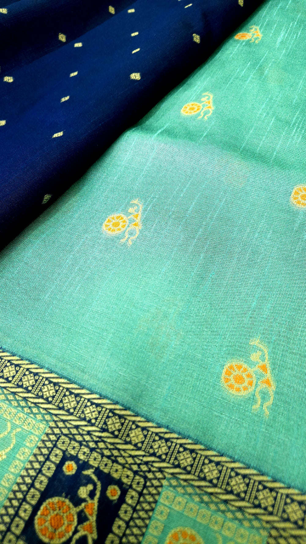 Warli Art Inspired turquoise with navy blue Cotton Saree With Exquisite Handwoven Design