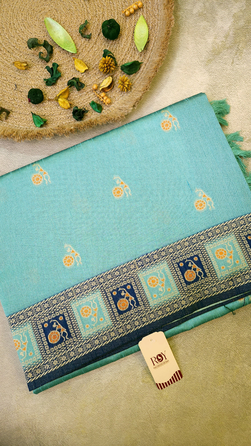 Warli Art Inspired turquoise with navy blue Cotton Saree With Exquisite Handwoven Design