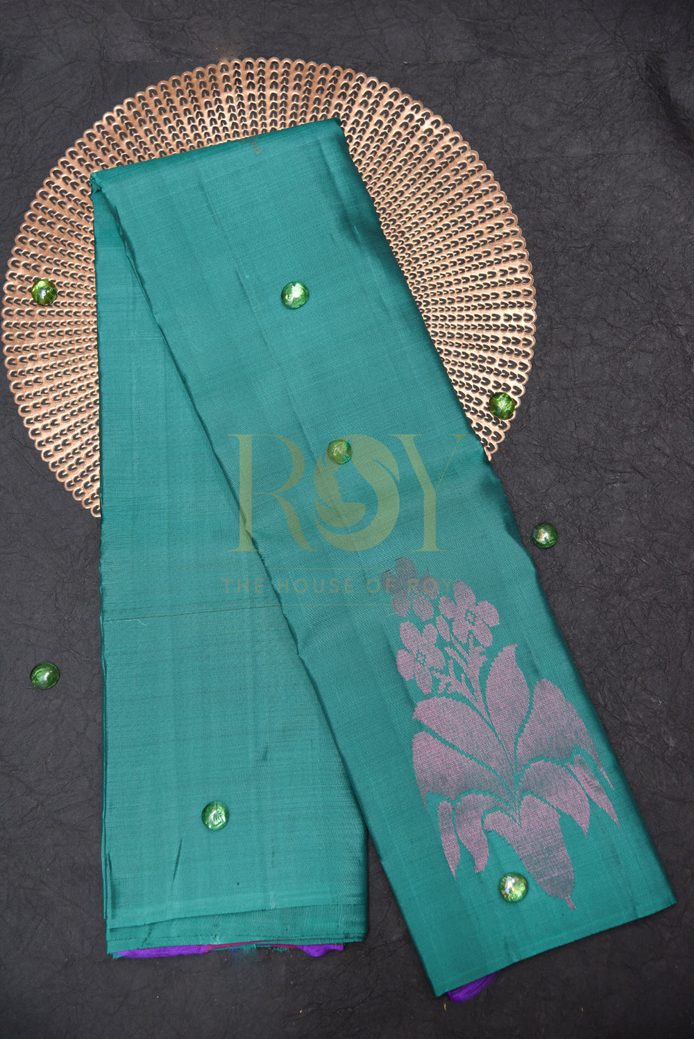 Dark Green Borderless Kanchipuram Silk Saree with Pink Zari Peacock Motif