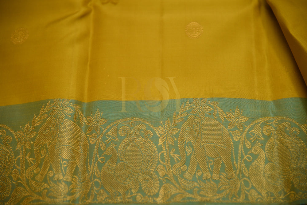 Pure Kanchipuram Silk Saree In Yellow Color With Golden Zari & Green Border