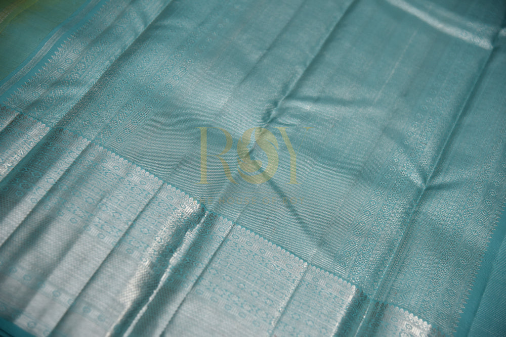 Pure Kanchipuram Silk Saree With Ice Blue & Silver Border In Pistachio Color