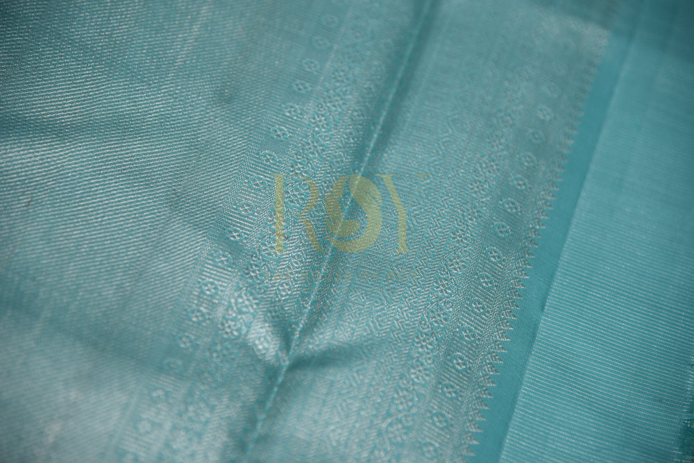 Pure Kanchipuram Silk Saree With Ice Blue & Silver Border In Pistachio Color