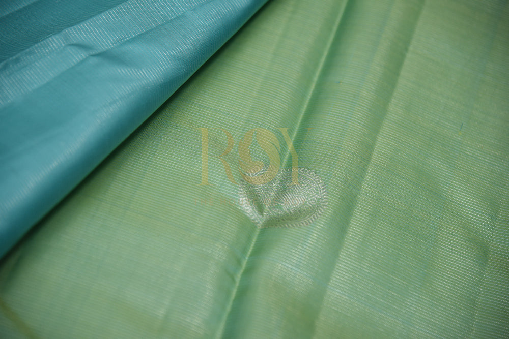 Pure Kanchipuram Silk Saree With Ice Blue & Silver Border In Pistachio Color